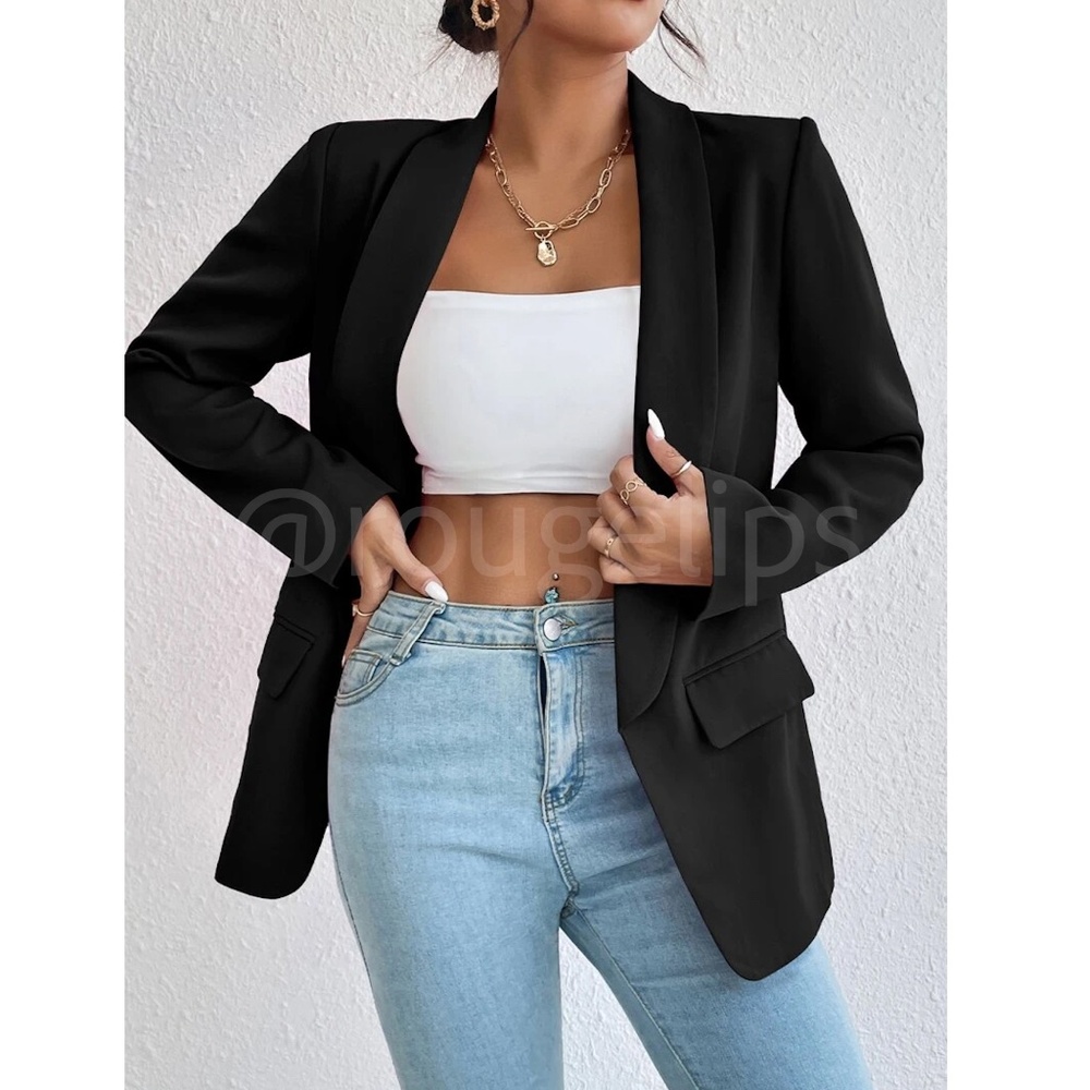 Black Blazer Jacket Shawl Collar Long Sleeve - Picture 4 of 13